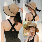 Beach Sun Straw Hats for Women, UPF 50+ UV Sun Protection Wide Brim Summer Straw Hat Foldable Packable Roll up Cap
