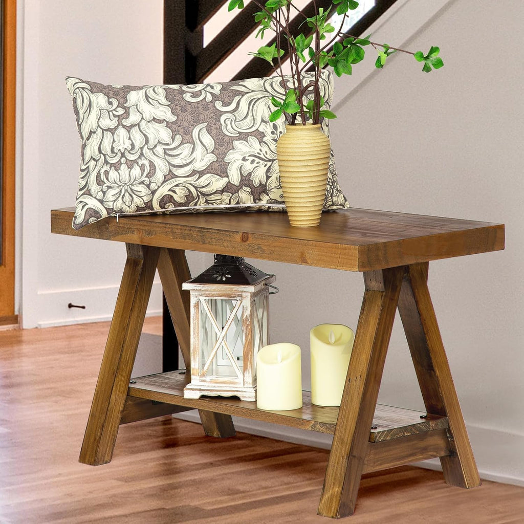 Wnutrees 30" Farmhouse Solid Wood Bench, Rustic Indoor Storage Bench | Entryway Seat For Living Room, End Of Bed, Hallway, Original Natural Wood Finish, Sturdy Construction
