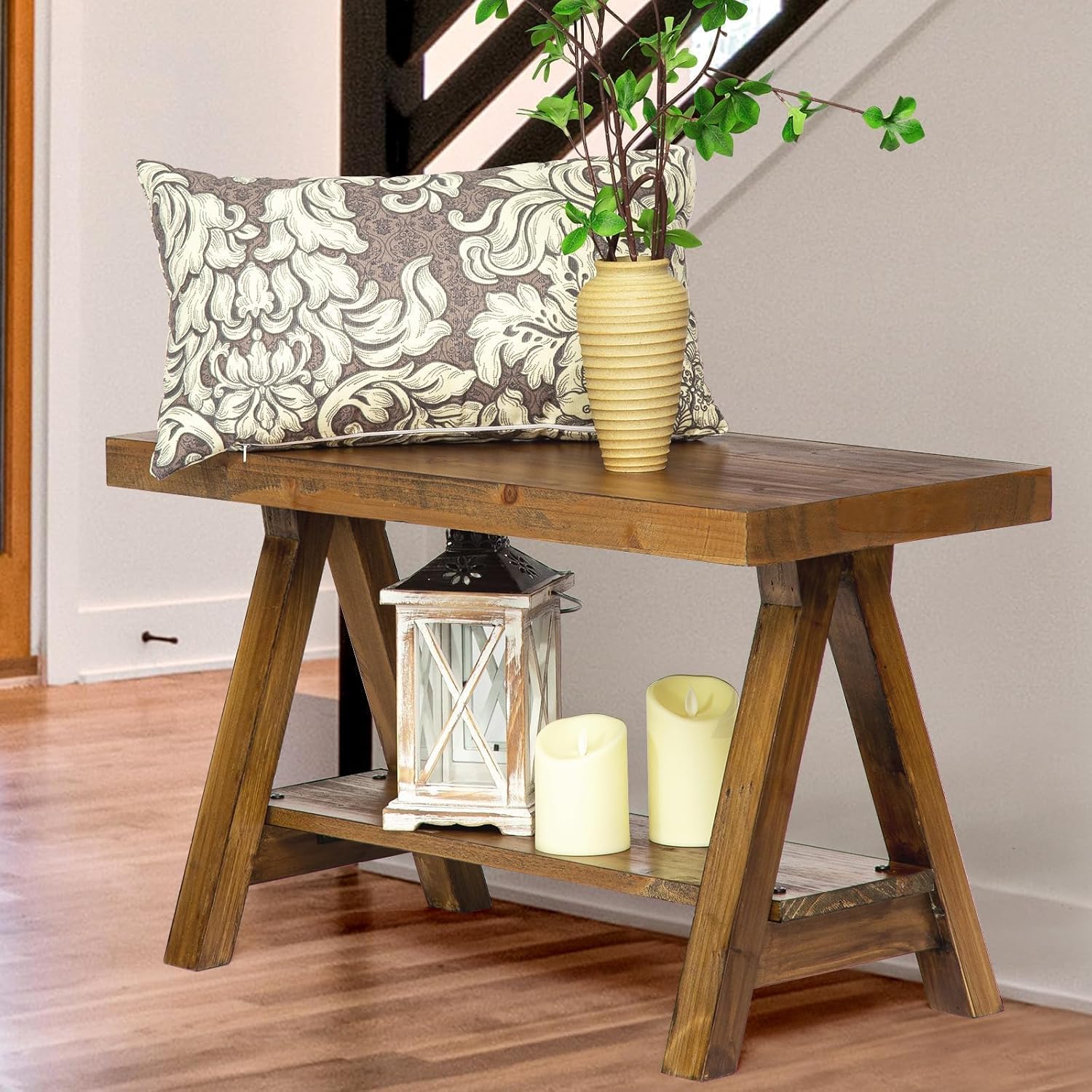 Wnutrees 30" Farmhouse Solid Wood Bench, Rustic Indoor Storage Bench | Entryway Seat For Living Room, End Of Bed, Hallway, Original Natural Wood Finish, Sturdy Construction