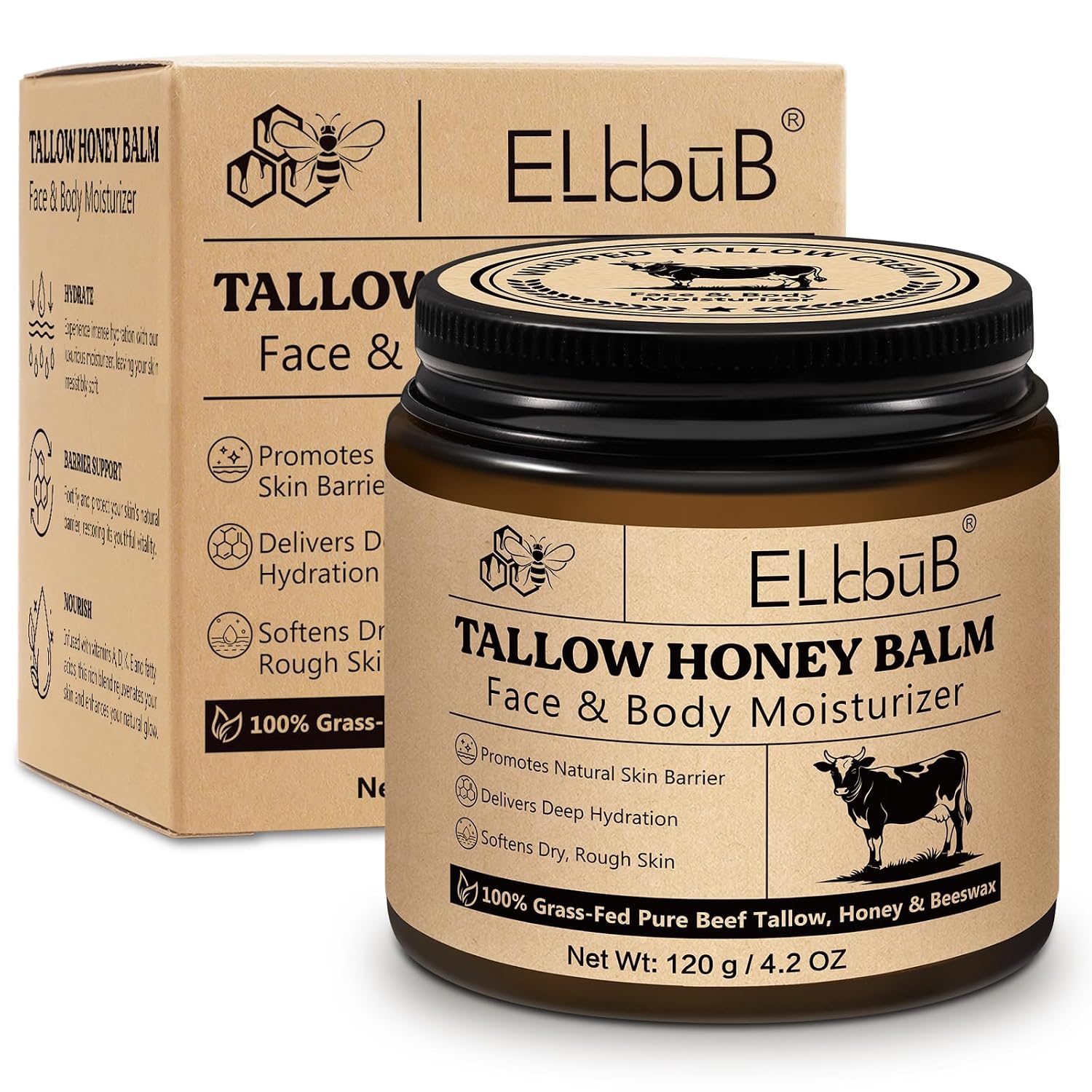 Elbbub Whipped Tallow Cream For Face & Body - 100% Grass-Fed Beef Tallow, Natural Honey & Beeswax Moisturizer, Deep Hydration & Nourishment, Oil-Free & Unscented, Fast Absorbing