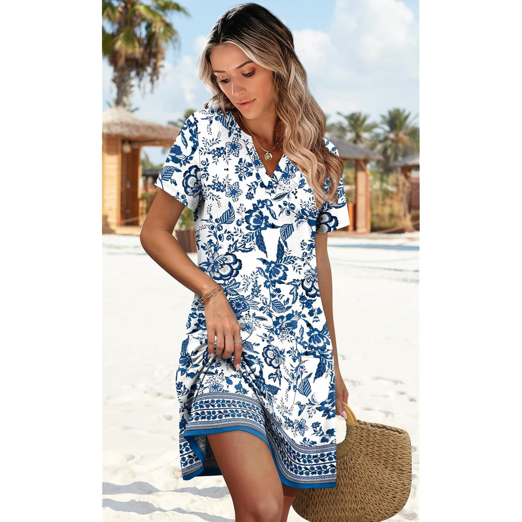 Wiholl Summer Dresses For Women Casual V Neck Wedding Guest Dress Hawaiian Midi Dress Fashion Beach Vacation Clothes