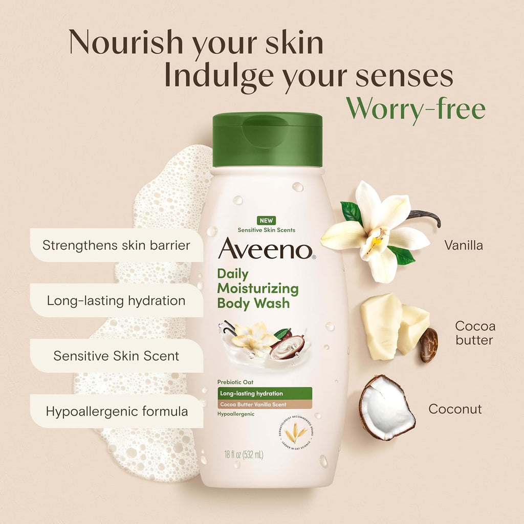 Aveeno Daily Moisturizing Body Wash With A Cocoa Butter Vanilla Scent & Soothing Prebiotic Oat, Provides Long-Lasting Hydration For Sensitive Skin, Hypoallergenic, Paraben-Free, 18 Fl. Oz