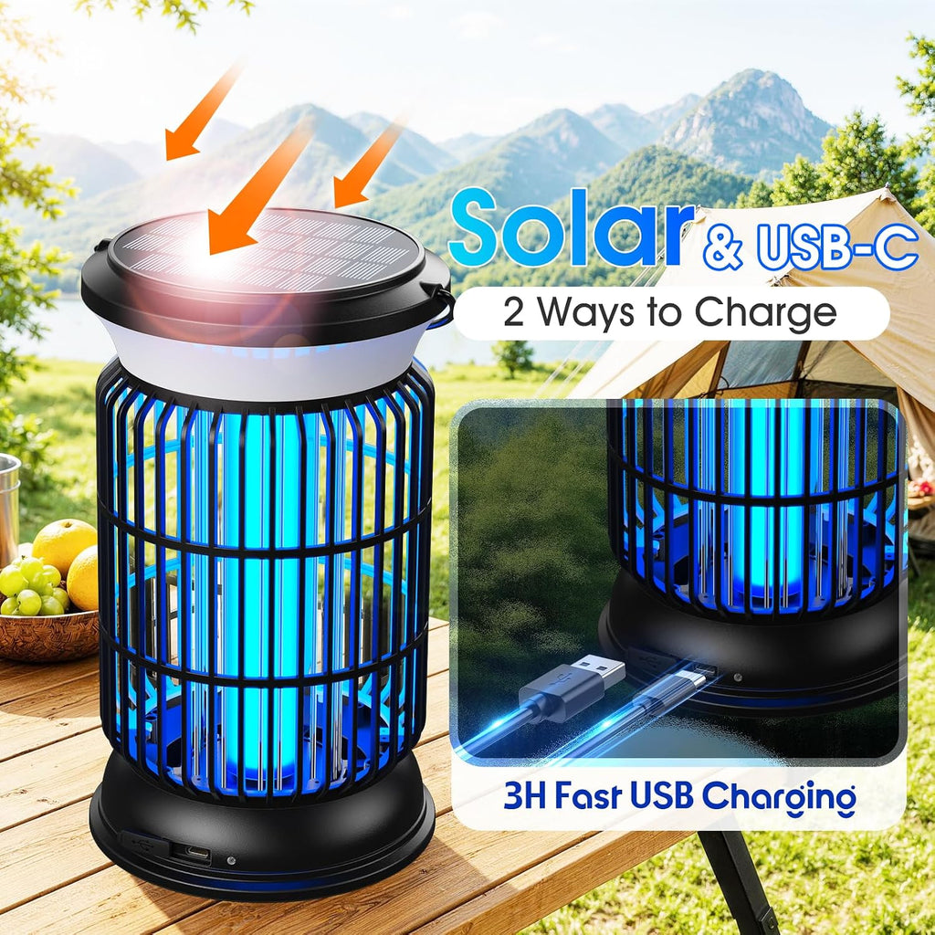 Solar Bug Zapper Outdoor, 4 In 1 Outdoor Essential, 4200V Mosquito Zapper With Ambient Light, Smart Auto Mode, Solar Usb Power For Camping Patio Garden Outdoor Living