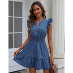 Bisual Denim Dress For Women Ruffle Sleeve Empire Waist Jean Dress Flowy Tiered A Line Mini Denim Dresses With Pockets Summer
