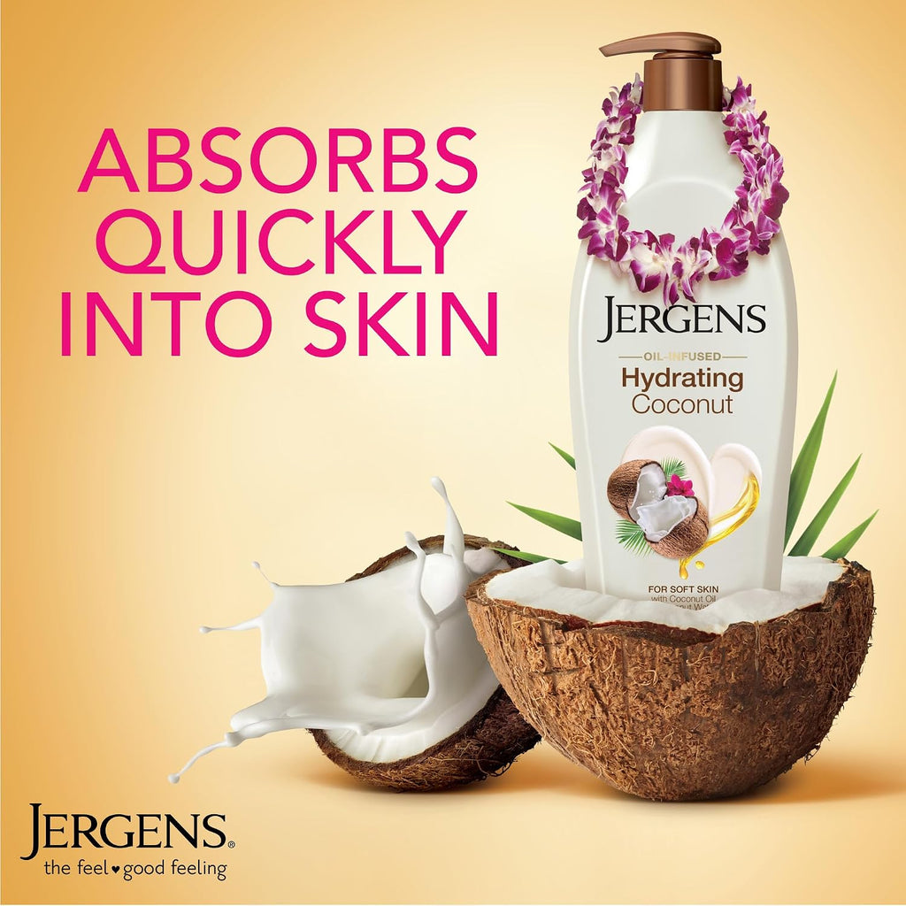 Jergens Hydrating Coconut Body Lotion For Dry To Extra Dry Skin, Moisturizer That Instantly Hydrates Skin With Coconut Oil, Dermatologist Tested, 16.8 Oz