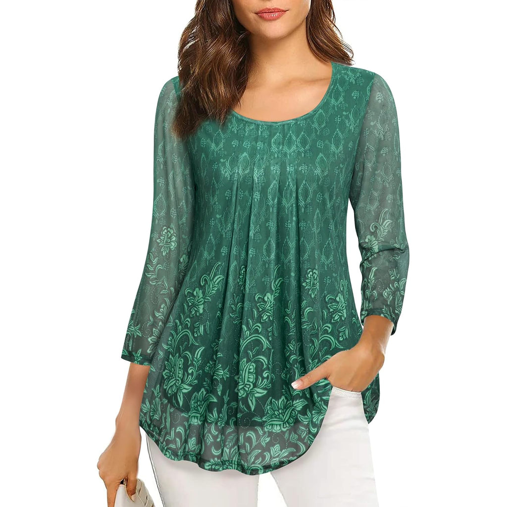 Women's 3/4 Sleeve Tunic Tops Casual Loose Fit Floral Blouses Mesh Pleated Layered Shirt