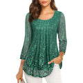 Women's 3/4 Sleeve Tunic Tops Casual Loose Fit Floral Blouses Mesh Pleated Layered Shirt