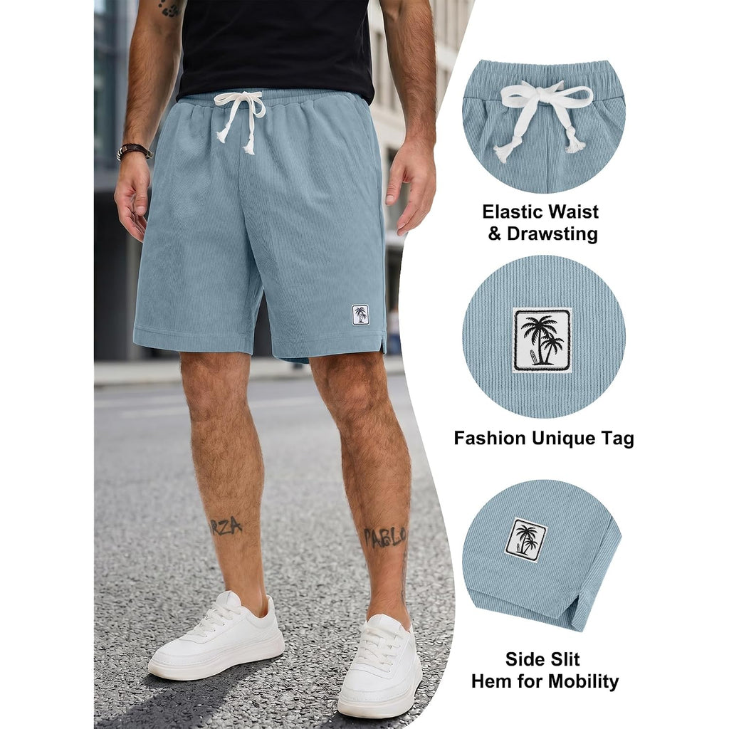 Plepan Mens Corduroy Shorts Casual 7 Inch Elastic Waist Drawstring Lightweight Summer Beach Loose Fit Lounge Shorts