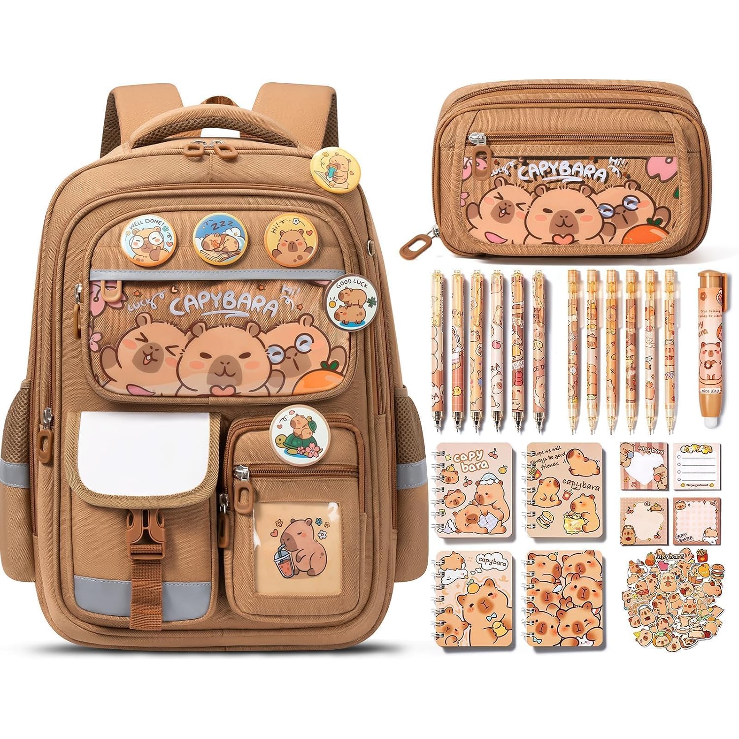 Fimibuke Capybara Backpack For School Girls, 30Pcs Capybara School Supplies | Stationery Set With Bookbag Pencil Case Pins Gel Pens Pencils Notebooks For Back To School Kindergarten Elementary Student