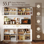 71''H X 55.1''W Pantry Cabinet With Charging Station, 4 Wide Cabinets Kitchen Pantry With 2 Drawers, Farmhouse Hutch Storage Cabinet, Tall Coffee Bar, Acrylic Door, Adjustable Shelves, White