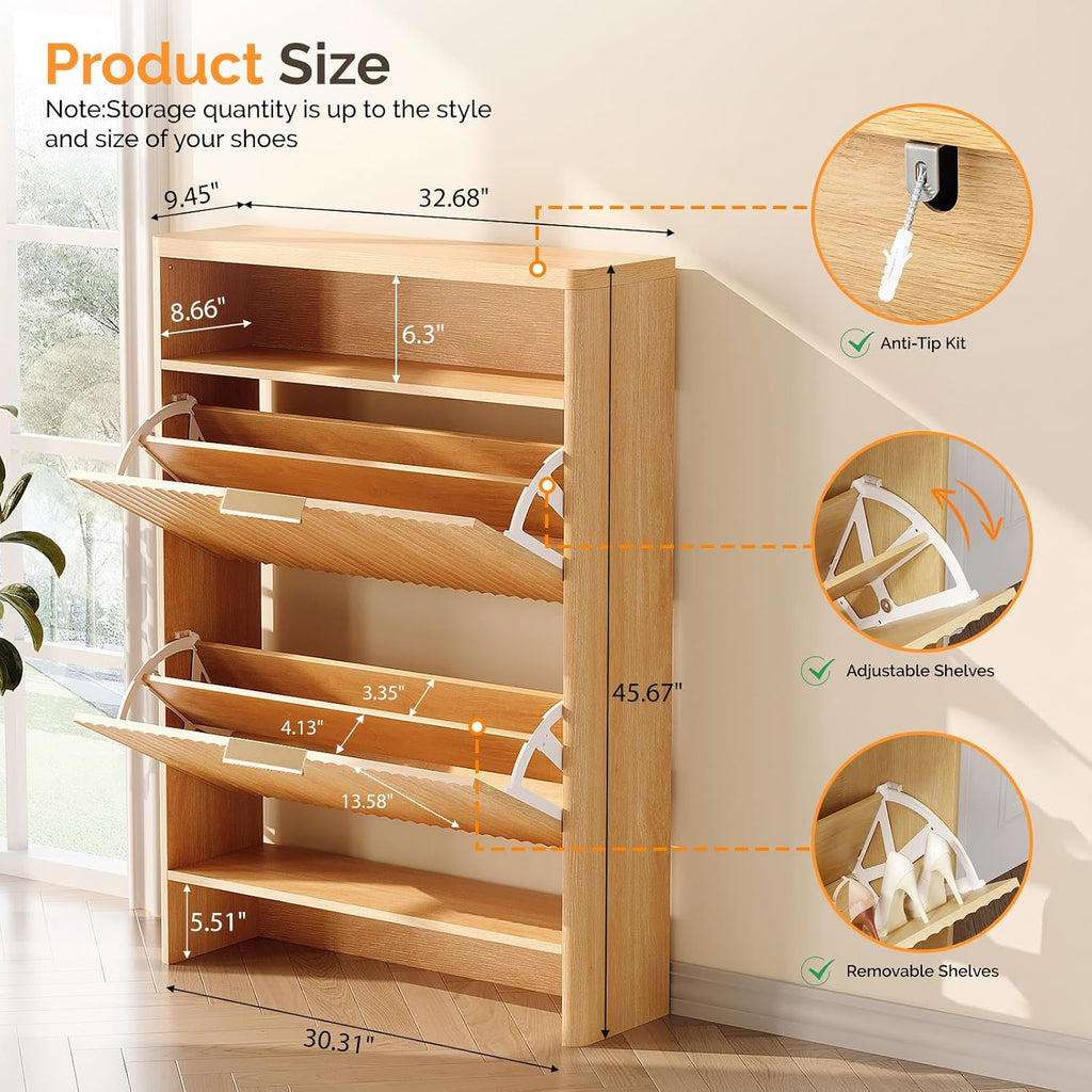Vingli Slim Shoe Cabinet With Curved Edges, Modern Hidden Shoe Storage Organizer With 2 Flip Drawers & Open Shelf, Narrow Wood Shoe Cupboard With Fluted Panel & Anti-Tip Kit For Entryway, Oak