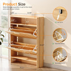 Vingli Slim Shoe Cabinet With Curved Edges, Modern Hidden Shoe Storage Organizer With 2 Flip Drawers & Open Shelf, Narrow Wood Shoe Cupboard With Fluted Panel & Anti-Tip Kit For Entryway, Oak