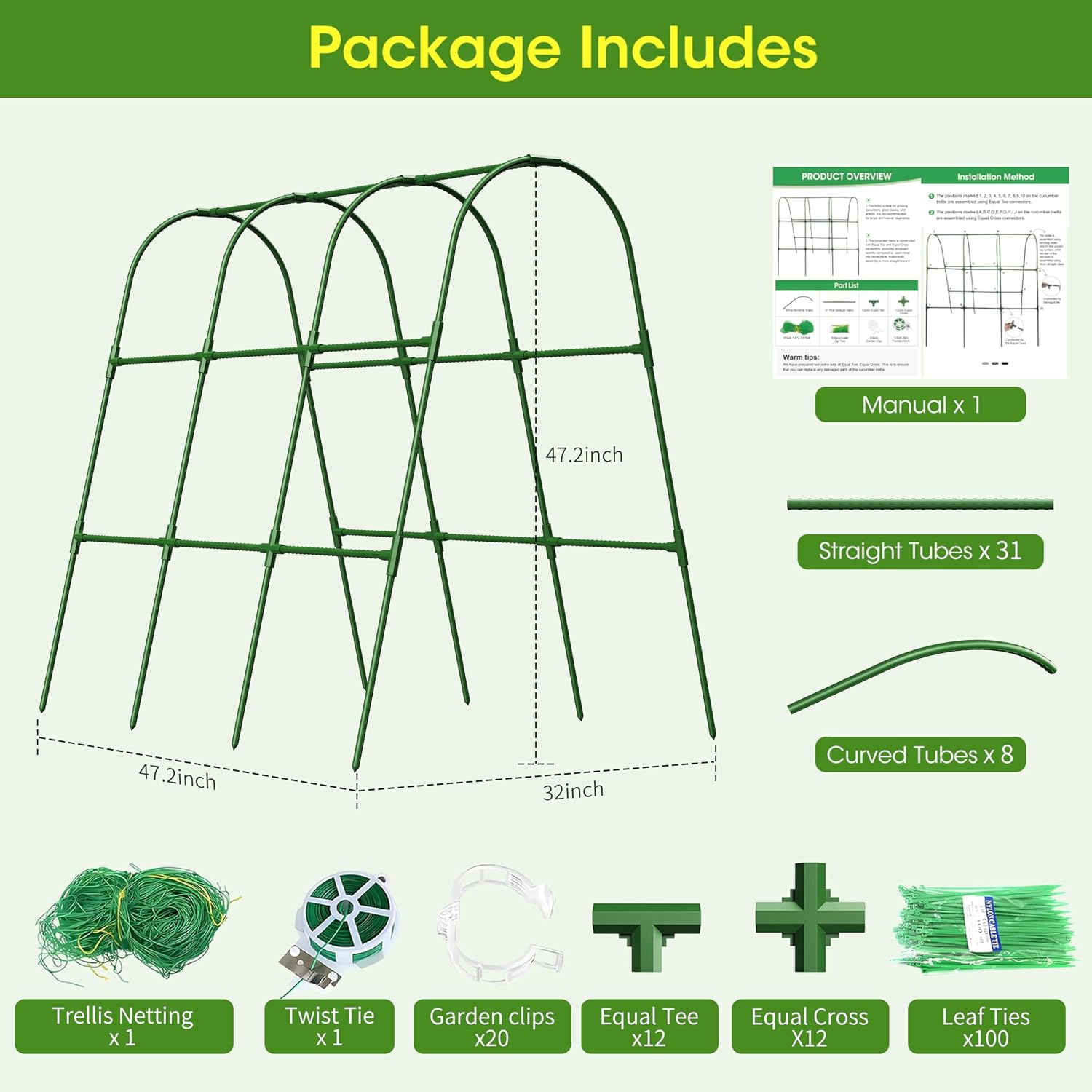 Cucumber Trellis For Raised Bed,U-Shape Garden Trellis For Climbing Plants Outdoor, Metal Arch Vegetables Trellis, Plant Support For Vine (Green, 47.2X47.2 X21.6)