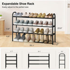Expandable Shoe Rack, 3-Tier Metal Small Shoe Rack For Closet, Up To 16 Pairs Adjustable Shoes Racks Storage For Front Door Entrance, Free Standing Shoes Rack Organizer For Entryway, Black