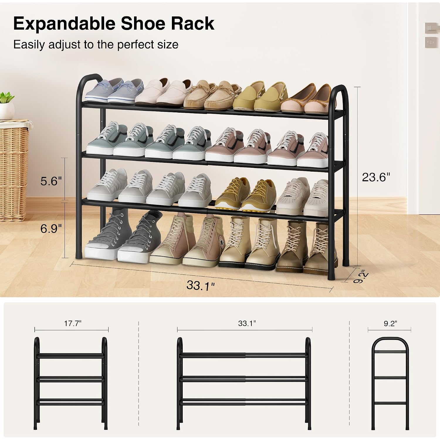 Expandable Shoe Rack, 3-Tier Metal Small Shoe Rack For Closet, Up To 16 Pairs Adjustable Shoes Racks Storage For Front Door Entrance, Free Standing Shoes Rack Organizer For Entryway, Black