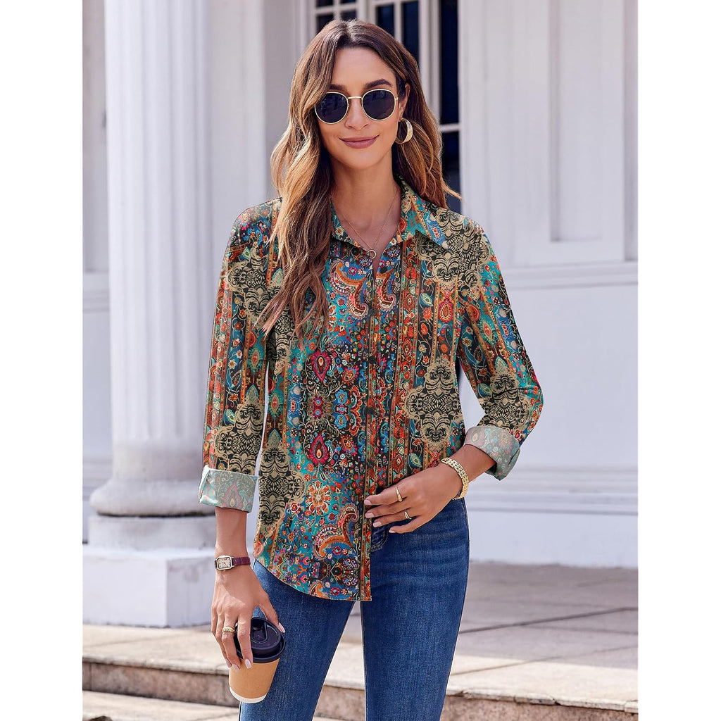 Zeagoo Button Down Shirts For Women Dressy Floral Printed Long Sleeve Blouse Business Casual Work Tops