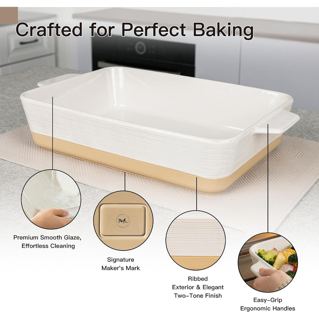 Casserole Dish For Oven, 4.2 Qt Baking Dish, 9X13 Large Porcelain Baking Pan, Durable Rectangular Lasagna Pan Deep With Handles, Microwave Oven Safe, Home Decor, Wedding Gift (Khaki & White)