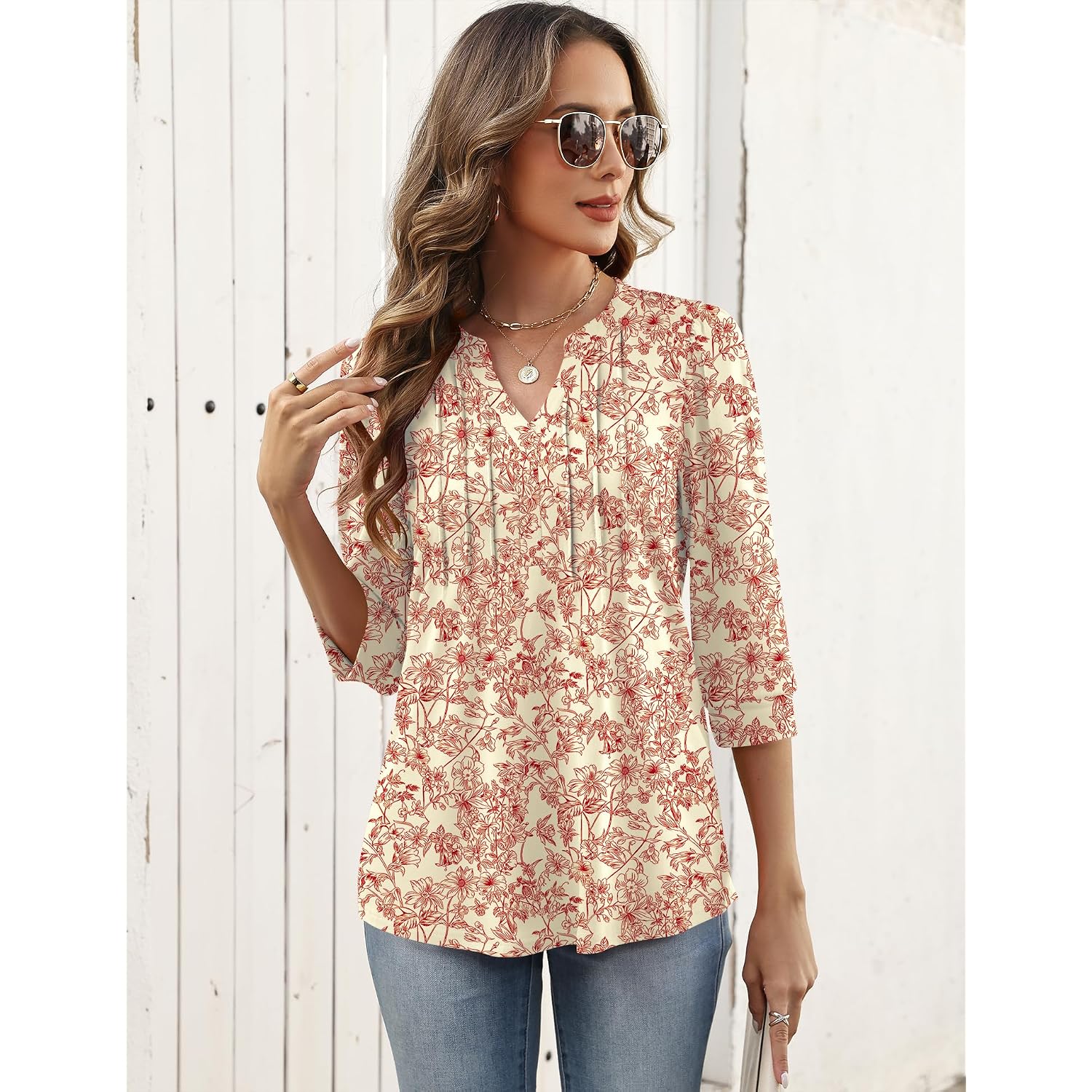 LOMON 3/4 Length Sleeve Womens Tops Pleated Puff Sleeve V Neck Work Blouses for Women Dressy Casual Spring Summer Clothes