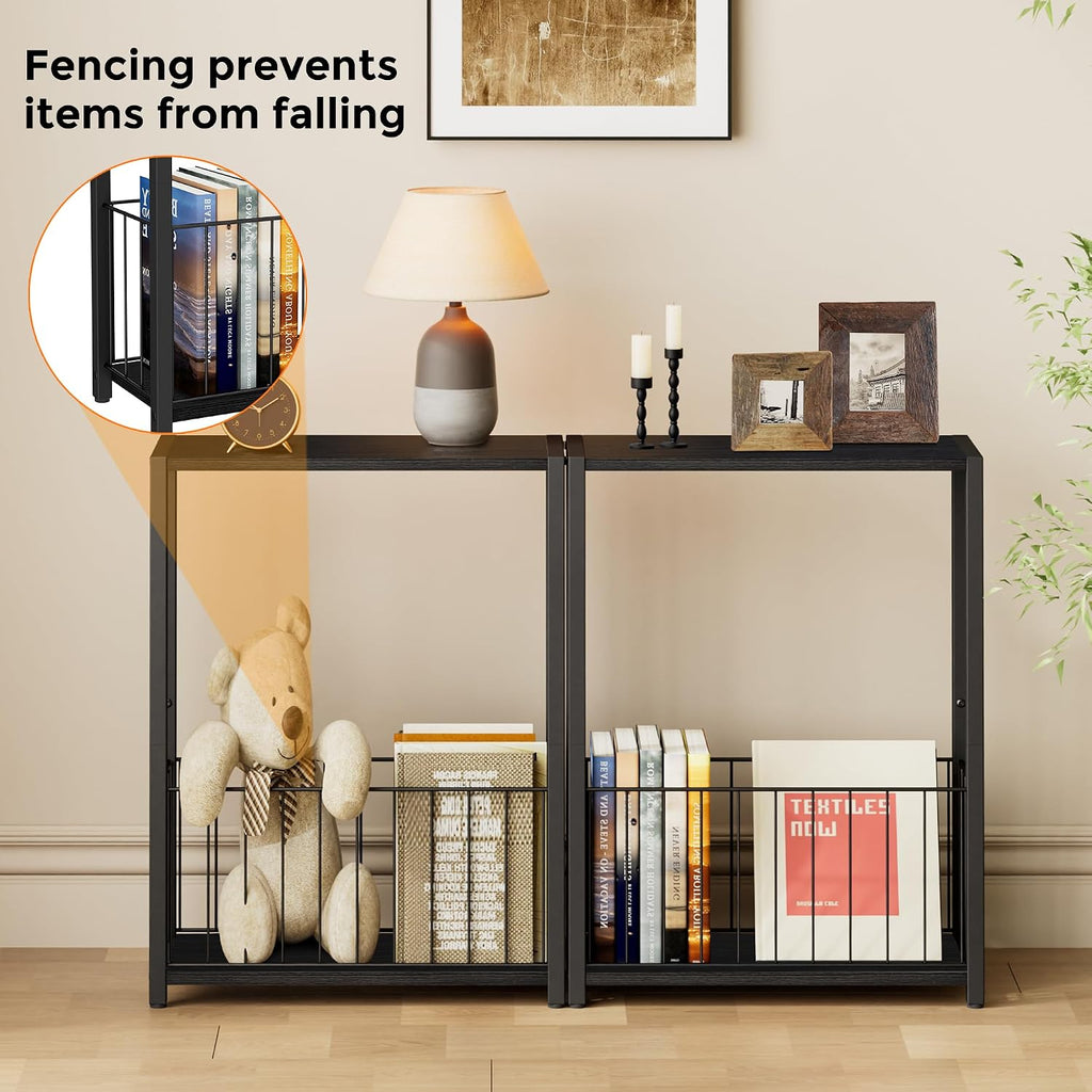 Narrow Side Table With Magazine Holder, Skinny End Table Perfect For Small Spaces, Space-Saving Design For Living Room, Bedroom, Or Office, 7.1" D X 16.9" W X 23.6" H, Black
