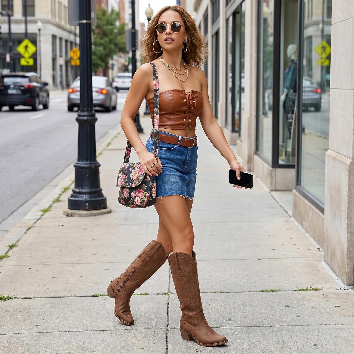 Women'S Knee High Cowboy Boots Pointed Toe Embroidered Western Boots Chunky Heel Fashion Cowgirl Tall Boots For Concert Festival Fall Outfits