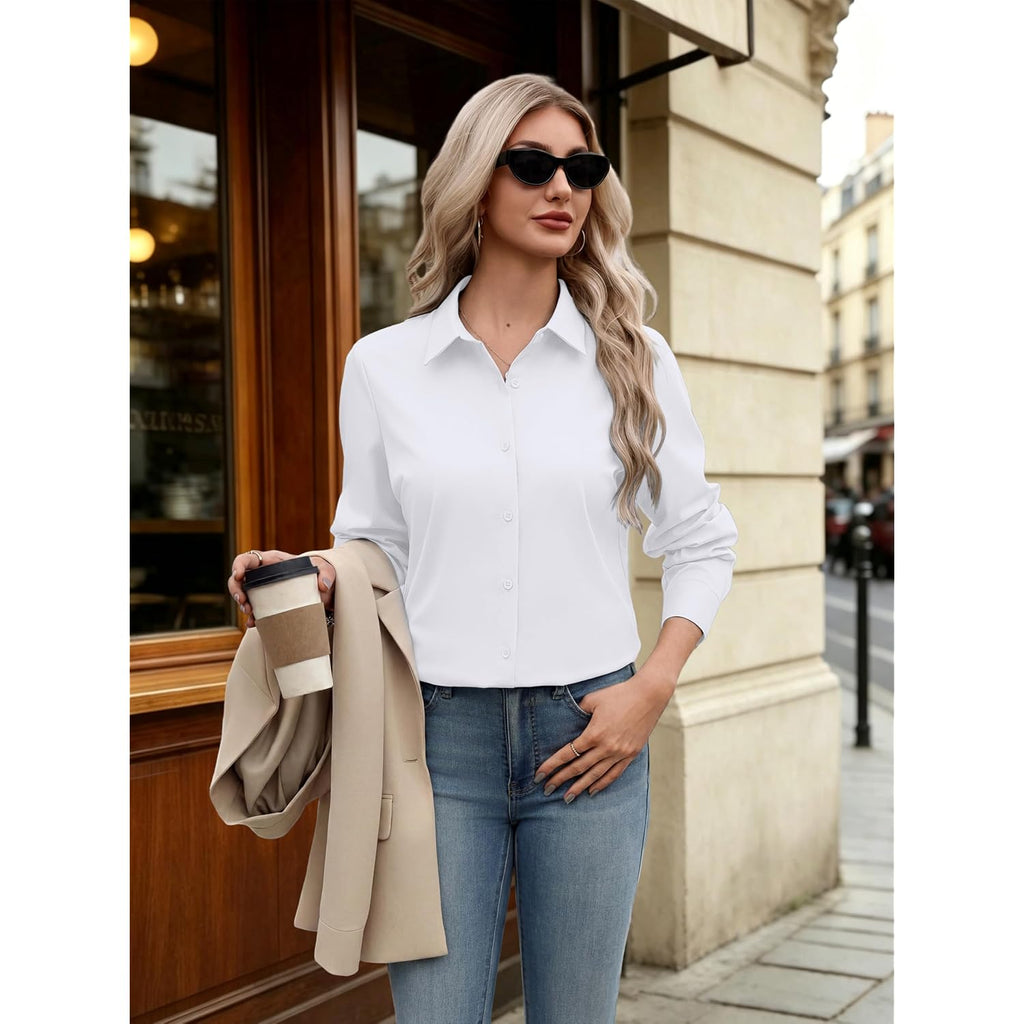 Womens Button Down Shirt Classic Fit Dress Shirt Work Business Casual Long Sleeve Blouse Tops