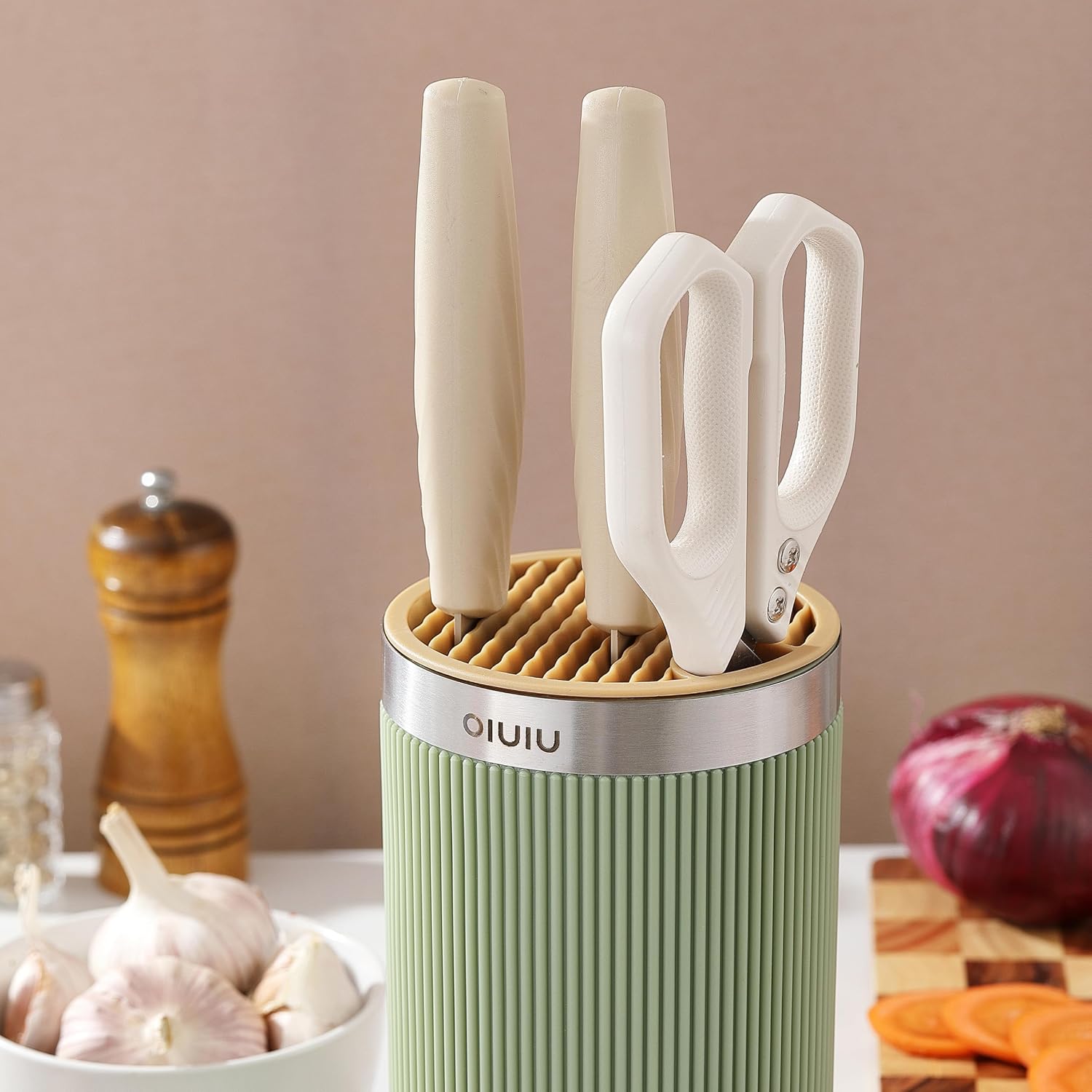 Knife Block Without Knives, Olulu Universal Round Knife Block Holder, Spacing Saving Knife Storage Organizer Stand Rack For Countertop (Stylish Green+Yellow Color)
