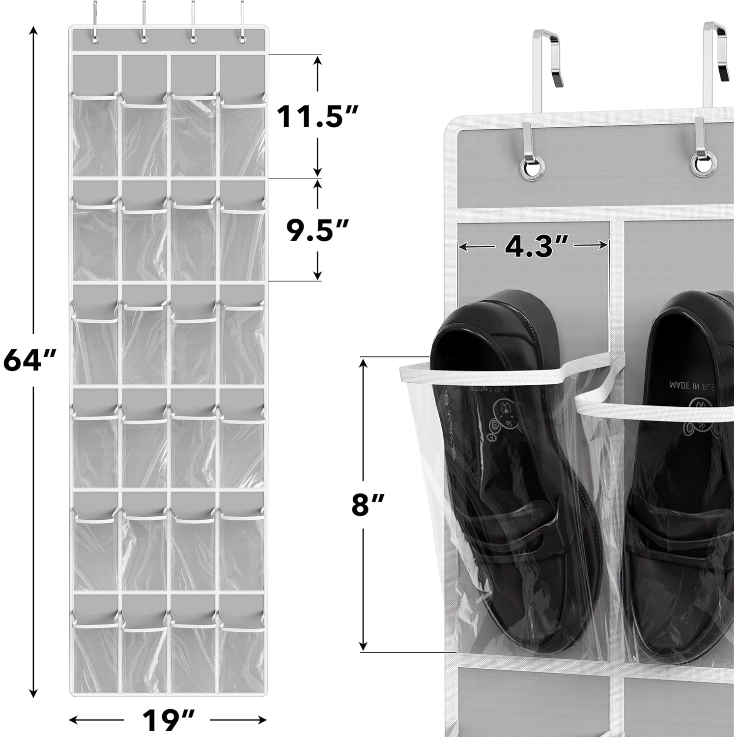 Simple Houseware 24 Pockets - Crystal Clear Over The Door Hanging Shoe Organizer, Gray (64'' X 19'')