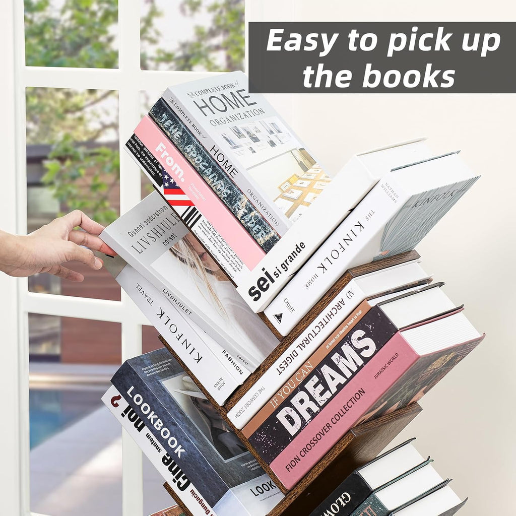 10 Tier Tree Book Shelf, Floor Standing Wood Bookshelf For Narrow Space, Storage Organizer Bookshelves For Books/Cds/Magazine, Bookcase With Shelves For Home Office, Living Room - Brown