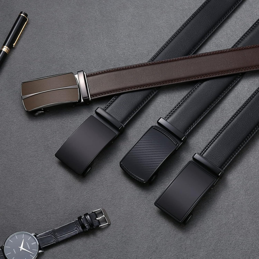 Sendefn Men'S Leather Belt Automatic Ratchet Buckle Slide Belt For Dress Casual Trim To Fit With Gift Box