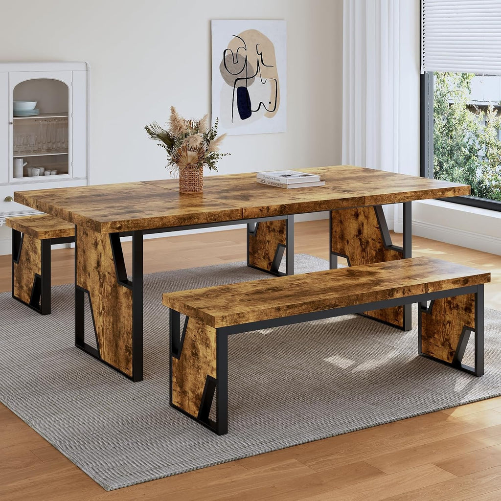70.8" Wooden Dining Table With 2 Benches, Modern Kitchen Table And Chairs Set For 4-6 Person, Thickened Mdf Wooden Table With Dining Bench For Living Dining Room, Kitchen, Office