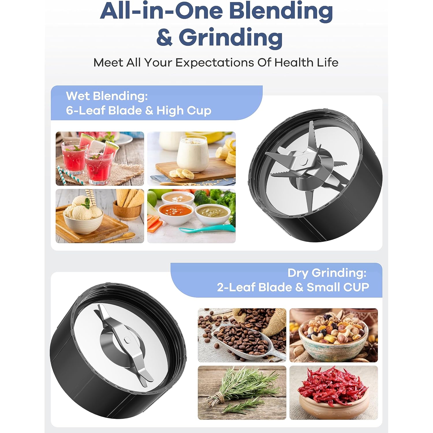 Ganiza Smoothie Blender, 900W Blenders for Shakes and Smoothies, 15-Piece Personal Blender and Grinder Combo for Kitchen, Smoothies Maker with 4 BPA-Free Portable Cup, Nutritious Recipe