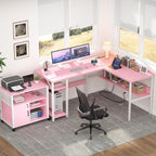 Unikito Reversible L Shaped Desk With Magic Power Outlets And Usb Charging Ports, Sturdy Corner Computer Desk With Storage Shelves, Gaming Table Home Office Desk, Easy To Assemble, Pink