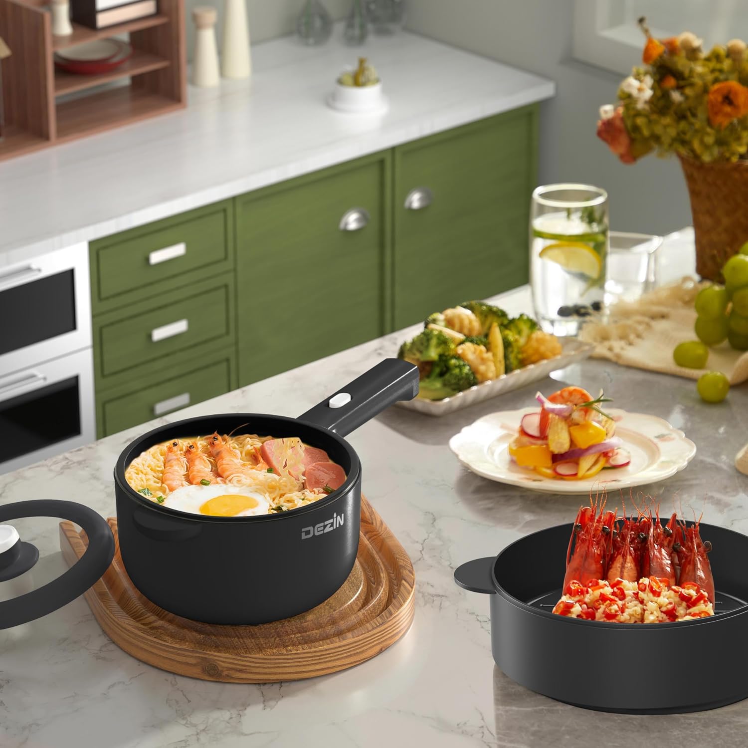 Dezin 2L Hot Pot Electric, Non-Stick Electric Pan, 700W Adjustable Power | Electric Pot For Cooking/Steak/Egg/Fried Rice/Ramen/Soup, Portable Pot For Dorm/Rv/Family/Travel/Camping, Include Spatula