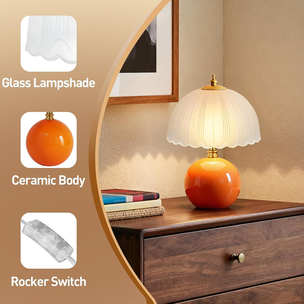 Mushroom Table Lamp, Ceramic Bedside Lamp With Glass Shade, 3-Way Lighting (2700K-5000K) Rocker Switch, Small Nightstand Lamp For Bedroom, Living Room, Office, Orange