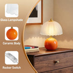 Mushroom Table Lamp, Ceramic Bedside Lamp With Glass Shade, 3-Way Lighting (2700K-5000K) Rocker Switch, Small Nightstand Lamp For Bedroom, Living Room, Office, Orange