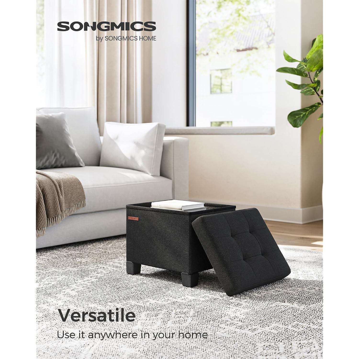 Songmics Storage Ottoman, Small Ottoman Foot Rest With Legs, 12.6 X 15.7 X 13.2 Inches Foot Stool, Load Up To 660 Lb, For Living Room, Bedroom, Dorm, Ink Black Ulsf012B01