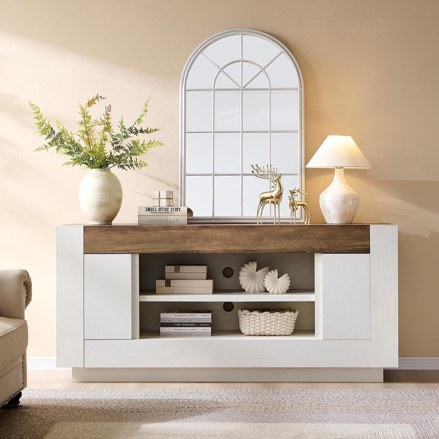 Okd Modern 70" Tv Stand, Entertainment Center For Tvs Up To 80", Media Console With Large Open Storage & Side Cabinets, Thick Wood Design For Living Room, Antique White