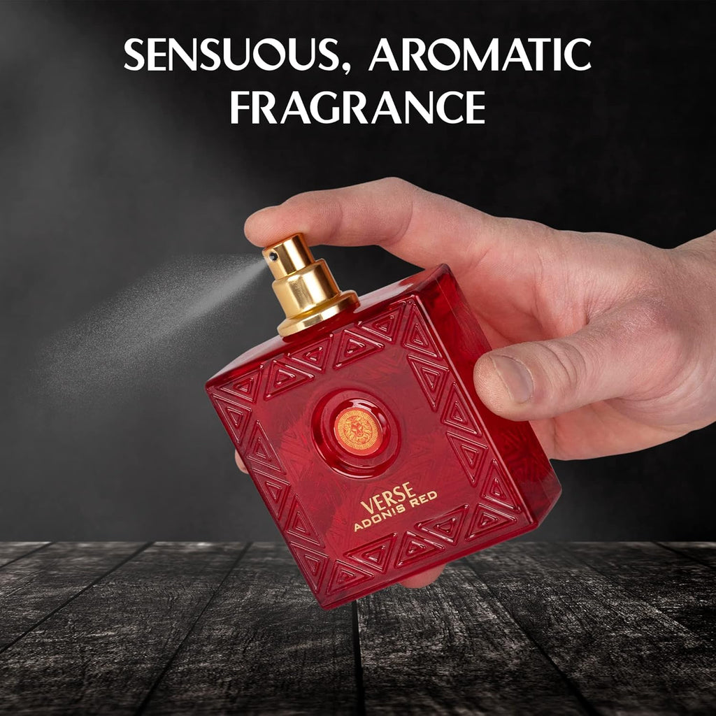 Verse Adonis Red for Men - 100ml Eau De Parfum Spray - Fruity Warm & Floral Fragrance Smell Fresh All Day Long Lasting Includes NovoGlow Carrying Pouch Gift for All Occasions