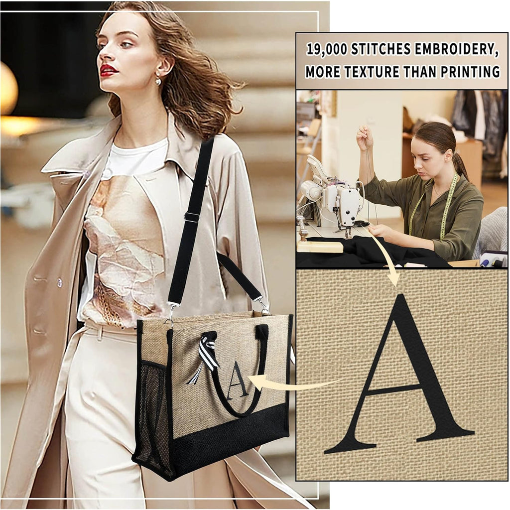 YOOLIFE Personalized Gifts for Women - Initial Jute Tote Bag & Makeup Bag, Birthday Gifts for Women Mom Wife Teacher Friend