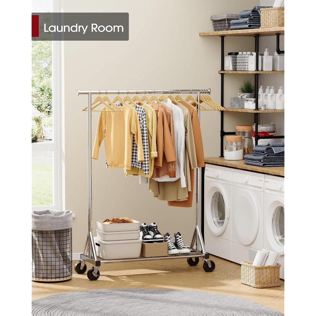 Heavy Duty Stainless Steel Rolling Clothes Rack With Mesh Shelf, Lockable Wheels & Anti-Slip Stoppers, Large Capacity Clothing Organizer For Bedroom, Laundry Room, 42.5" X 16.5" X 65.9", Silver