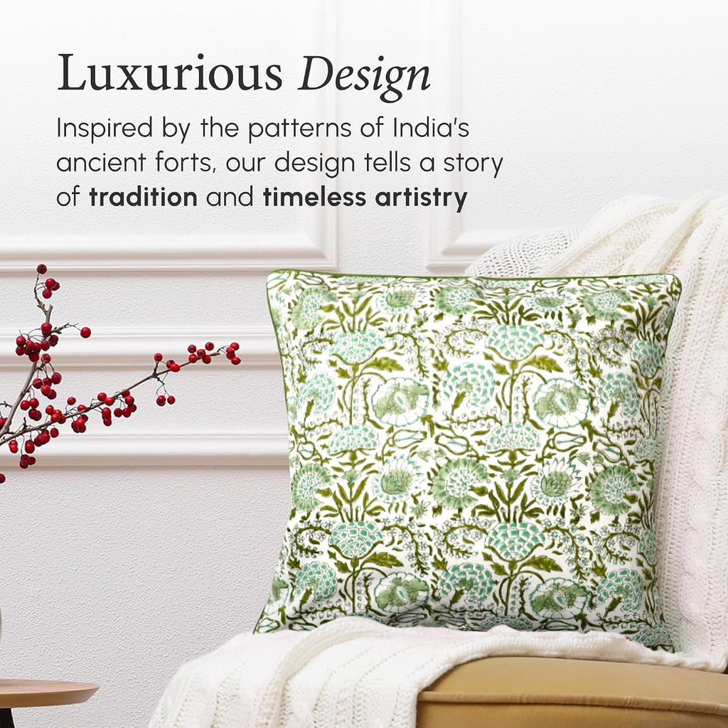 Cpc 100% Cotton Throw Pillow Covers 20X20 Inch, Set Of 2 Green Block Print Pattern Couch Pillow, Cute Boho Decorative Pillows For Living Room, Bedroom With Hidden Zipper- Agate Green