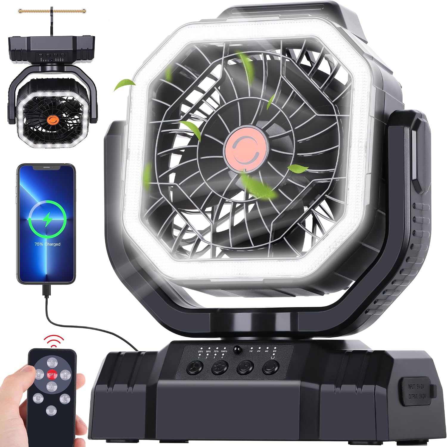 Avv 20000Mah High Speed Portable Camping Rechargeable Fan With Remote Control, Battery Powered With Auto Oscillating With Camping Essentials Accessories For Outdoor, Beach, Patio, Tent, Black