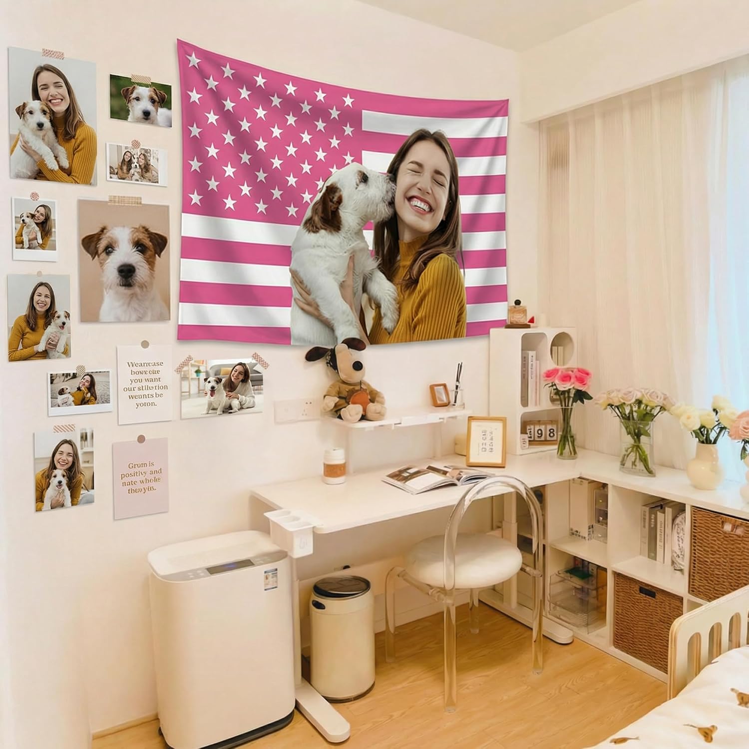 Custom Pink American Us Flag With Picture, Personalized Funny Flags With Face Image Logo Photo Text Single Sided Customized Flag Tapestry For Bedroom Dorm Room Decor Garden, 2X3 3X5 4X6 5X8 Ft