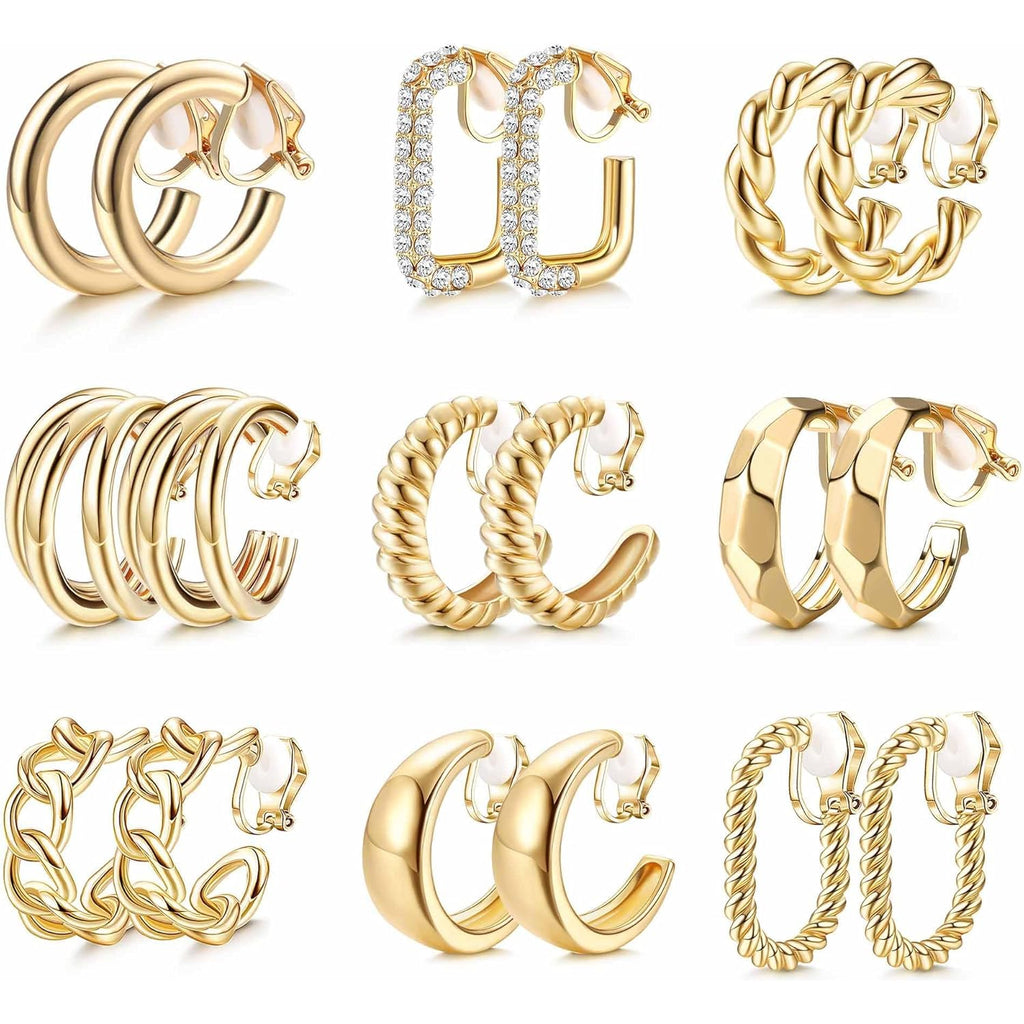 THUNARAZ 9 Pairs Clip on Earrings for Women 14K Gold Plated Chunky Hoop Clips Earring Trendy Clip on Hoop Earrings for Women Non-Pierced Fake Jewelry