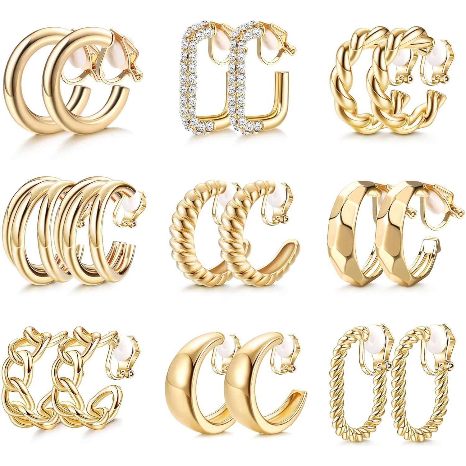 THUNARAZ 9 Pairs Clip on Earrings for Women 14K Gold Plated Chunky Hoop Clips Earring Trendy Clip on Hoop Earrings for Women Non-Pierced Fake Jewelry