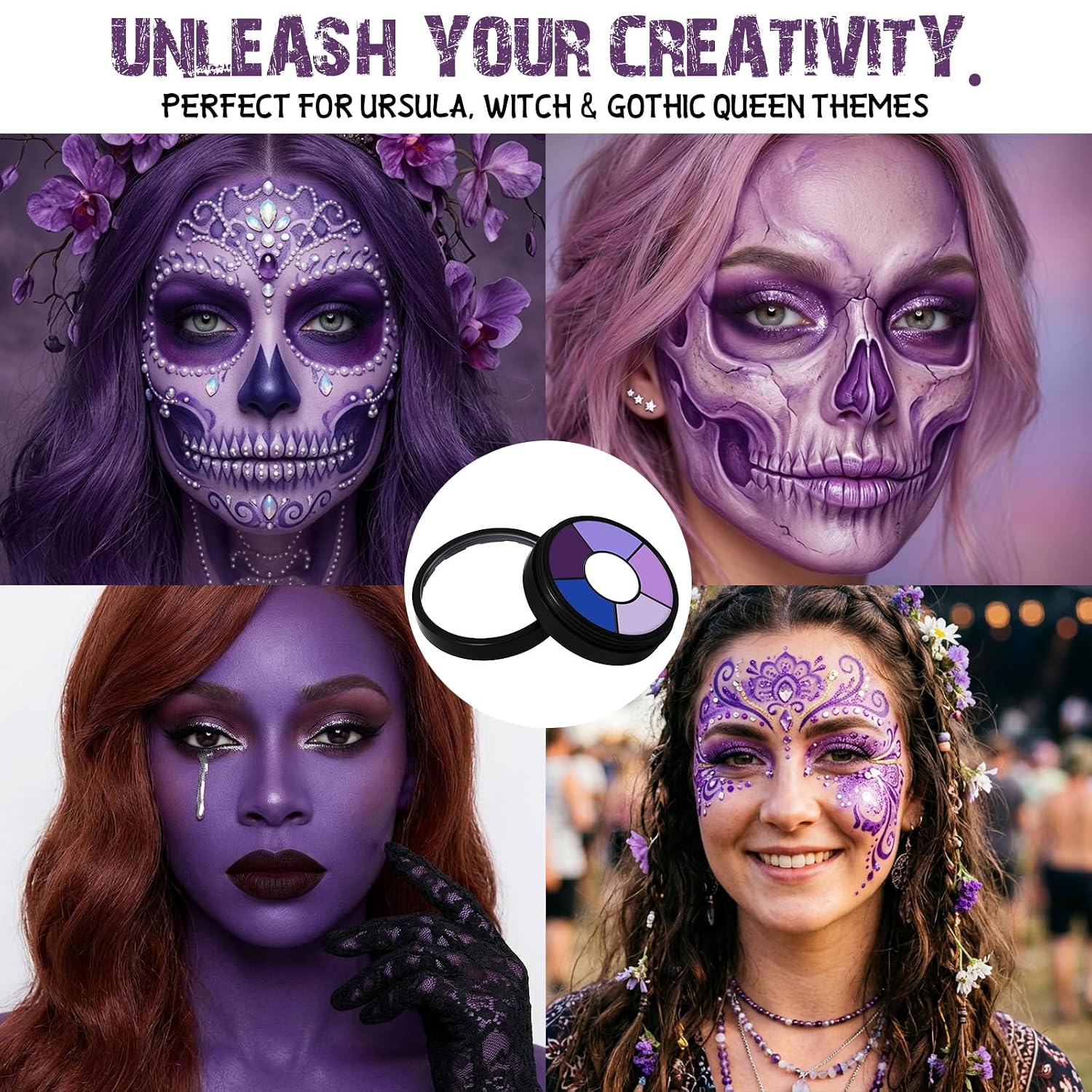Bobisuka Purple Cream Face & Body Paint Palette Kit With 3 Brushes 3 Sponges, Highly Pigmented Easy To Blend Long Lasting Makeup For Ursula, Witch, Gothic Queen Celebrations Costume & Theme