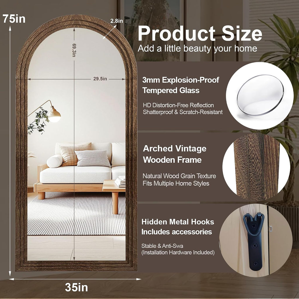 Arched Full Length Floor Mirror With Stand, 75X35 Rustic Farmhouse Solid Wood Frame Wall Mirror For Bedroom, Living Room, Vertical Hanging & Standing(Brown)