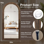 Arched Full Length Floor Mirror With Stand, 75X35 Rustic Farmhouse Solid Wood Frame Wall Mirror For Bedroom, Living Room, Vertical Hanging & Standing(Brown)