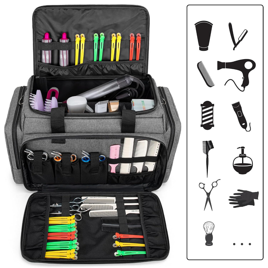 Large Capacity Hairdresser Bag With Adjustable Dividers, Travel Barber Case Holds Various Hair Cutting Tools (No Accessories), Gray