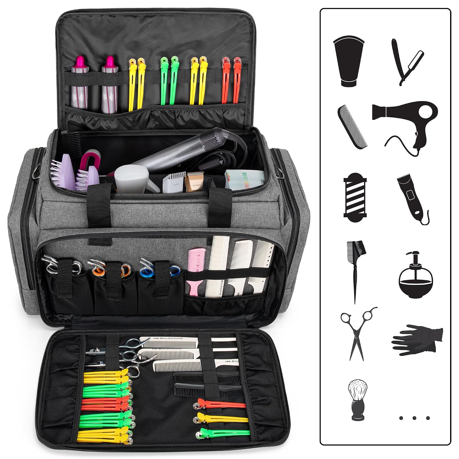Large Capacity Hairdresser Bag With Adjustable Dividers, Travel Barber Case Holds Various Hair Cutting Tools (No Accessories), Gray